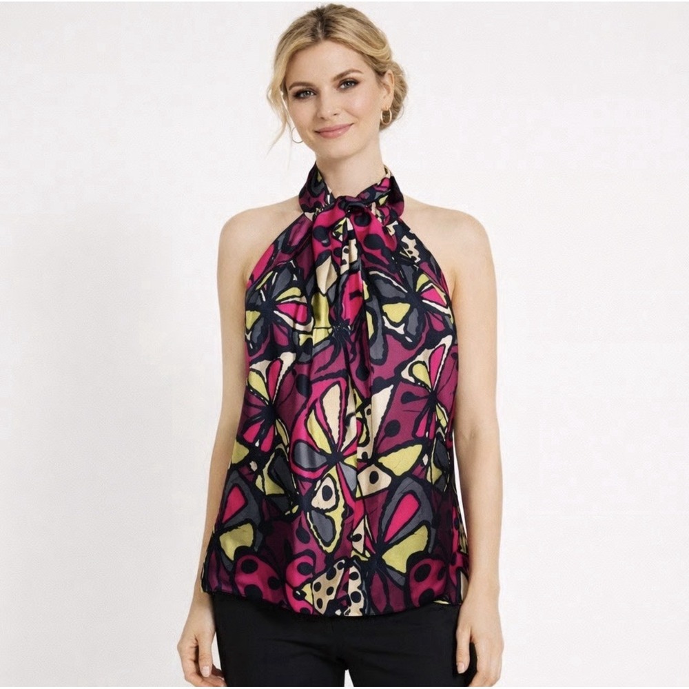 Trina‎ Turk 100% Silk S Halter Top Abstract Butterfly Geometric Classic Coastal